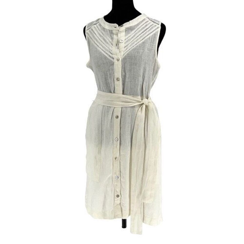 Faherty Womens Bria Sleeveless Lace Trim Linen Belted Dress Cream Size Small - Picture 2 of 14